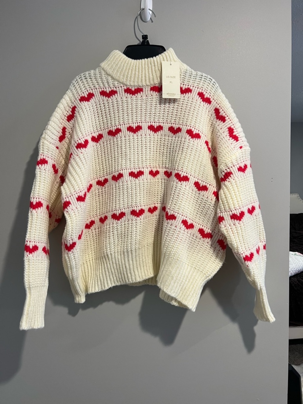 Cream Turtleneck Sweater with Red Heart Stripe Detail